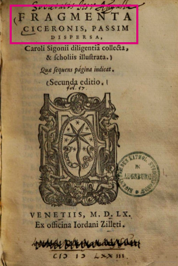 Cover plate of Carlo Sigonio's FRAGMENTA CICERONIS